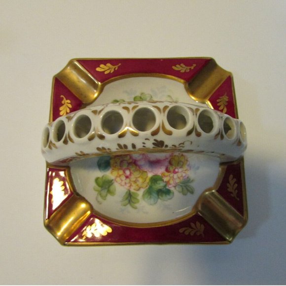 vintage floral ashtray burgundy gold edge handle holds 9 cigarettes France - Picture 6 of 9